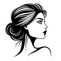 Silhouette of woman head with shoulders and fashionable hairstyle. Side view of female face with makeup in black and white. Vector image for beauty industry, skin and hair care, womens health, spa