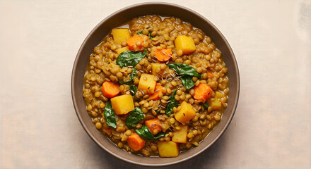 Warm Lentil Dish With Root Vegetables And Fresh Greens From Above