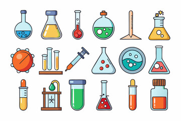 Colorful Science Lab Equipment Vector Icons Cartoon Test Tubes, Flasks, and Beakers Set