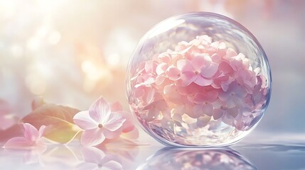 Pink hydrangea bloom in glass ball with soft background, for wellness, beauty, floral display
