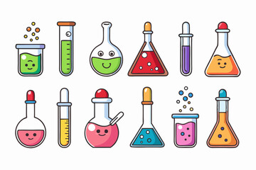 Colorful Science Lab Equipment Vector Icons Cartoon Test Tubes, Flasks, and Beakers Set