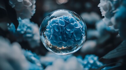 Hydrangea in crystal ball amidst blossoms, used for creative botanical nature photography background