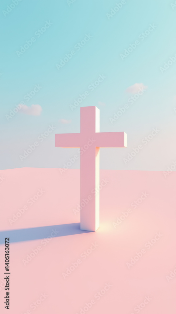Poster a christian cross on a pink to gray gradient background with floating clouds.