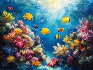 A vivid underwater scene showcases colorful coral and tropical fish swimming in a bright blue ocean. Perfect for home decor or marine life publications.