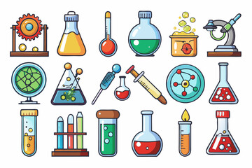 Colorful Science Lab Equipment Vector Icons Cartoon Test Tubes, Flasks, and Beakers Set
