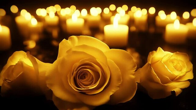 Yellow roses, candlelight remembrance, dark background, sympathy card
