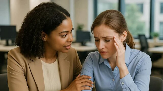 Close-up of friends offering emotional support in an office environment