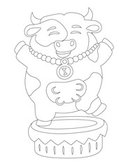 Coloring book art with happy cow on pedestal
