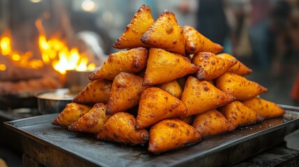 A pyramid of golden brown samosas stacked on a metal tray with a fire burning in the background scene
