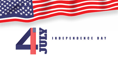 4th of July independence day with waving US flag ribbon. Patriotic design for American Independence Day celebration. 