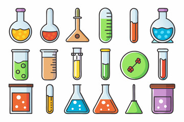 Colorful Science Lab Equipment Vector Icons Cartoon Test Tubes, Flasks, and Beakers Set