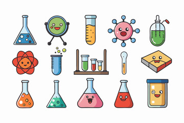Colorful Science Lab Equipment Vector Icons Cartoon Test Tubes, Flasks, and Beakers Set