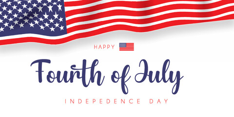 4th of July independence day with waving US flag ribbon. Patriotic design for American Independence Day celebration. 
