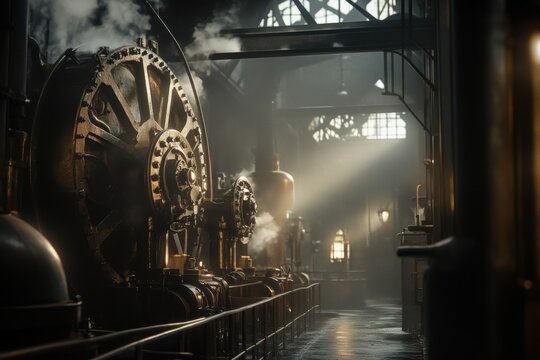 Steam-powered machinery dominates a dimly lit industrial hall.