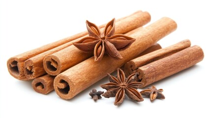 Increase the number of cinnamon sticks and anise stars on a white background