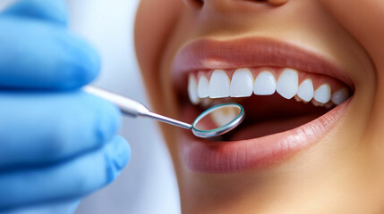 Fototapeta premium Young African-American woman smiling during dental check-up in a clinical setting with bright lighting