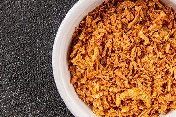 Oonion crispy fried onions vegetables dish fresh delicious gourmet food background on table rustic food top view copy space