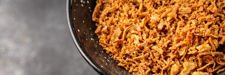 Oonion crispy fried onions vegetables dish fresh delicious gourmet food background on table rustic food top view copy space