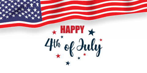 4th of July independence day with waving US flag ribbon. Patriotic design for American Independence Day celebration. 