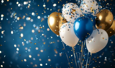 Celebration background concept with blue, golden, white balloons and confetti. Christmas background with copy space