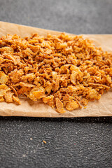 Oonion crispy fried onions vegetables dish fresh delicious gourmet food background on table rustic food top view copy space