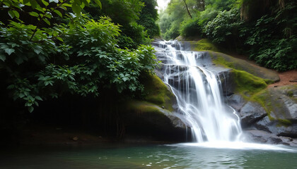 A Peaceful Waterfall Surrounded by Lush Greenery