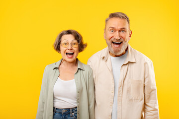 Amazing offer. Excited senior man and woman shouting emotionally, reacting to surprising news together, standing on yellow studio background