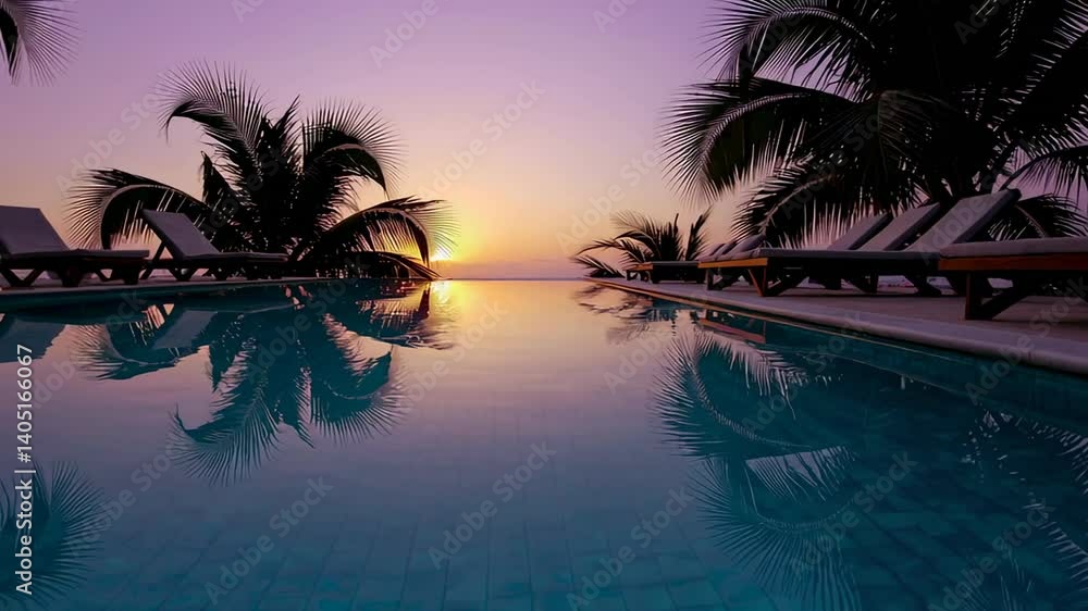Aufkleber palm trees sway gently in the breeze beside an infinity pool reflecting the vibrant colors of a trop