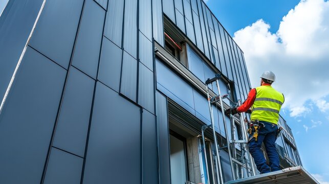 An architect oversees workers installing exterior cladding panels on a new building, ensuring precision and design consistency