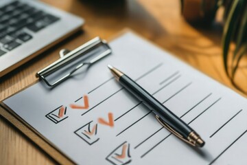 A clipboard with checklist and red check marks along with a pen and laptop on a wooden desk top