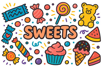 Dynamic and colorful candy-inspired designs with playful hand-drawn illustrations, great for use on menu covers, labels, and packaging in stores