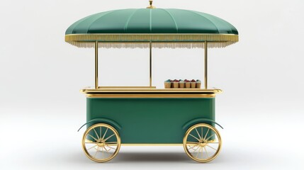 Elegant green food cart, pastries displayed, outdoor setting, white background; ideal for business promotions