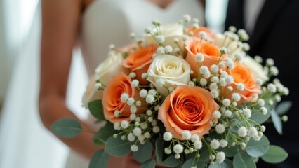 Wedding Bouquet With Peach Roses Close-Up