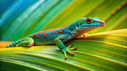 Fototapeta premium Mauritius Day Gecko on Palm Leaf - Vibrant Pale Turquoise Reptile in Tropical Setting