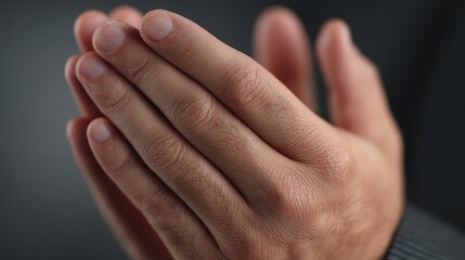 Fototapeta premium Praying hands close up captured with natural light from side on soft neutral background expressing emotion spirituality and personal belief moment