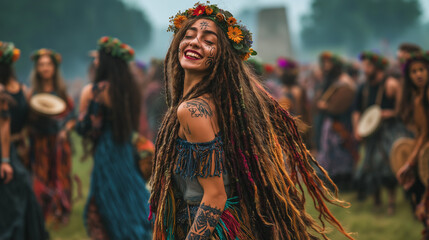 Naklejka premium Summer Soltice Festival, Joyful Woman at Solstice Festival Near Stonehenge, Ai Generated Images.