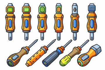 Screwdrivers Vector Set – Colorful Hand Tool Icons for DIY, Repair, and Construction