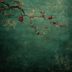 beautiful branch with delicate red flowers against textured teal background, creating serene and artistic atmosphere. intricate details evoke sense of tranquility and elegance