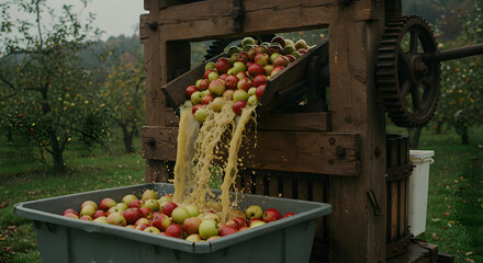 Pressing Fresh Orchard Apples Into Cider For Autumn Harvest Season