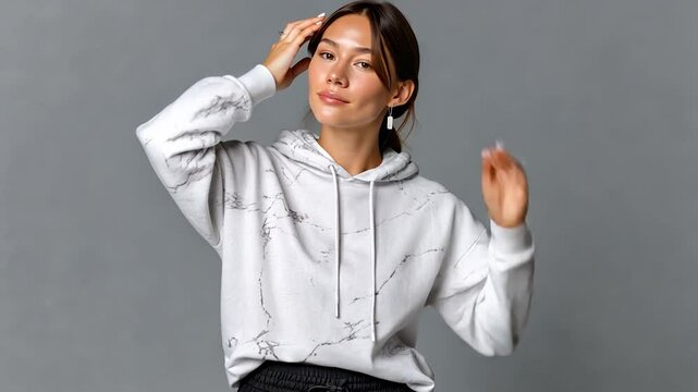 Stylish Marble Hoodie: A young woman models a stylish off-white marble-print hoodie, exuding confidence and casual elegance against a gray background.