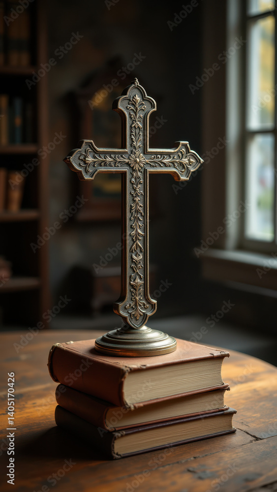 Poster cross on top of a stack of books.