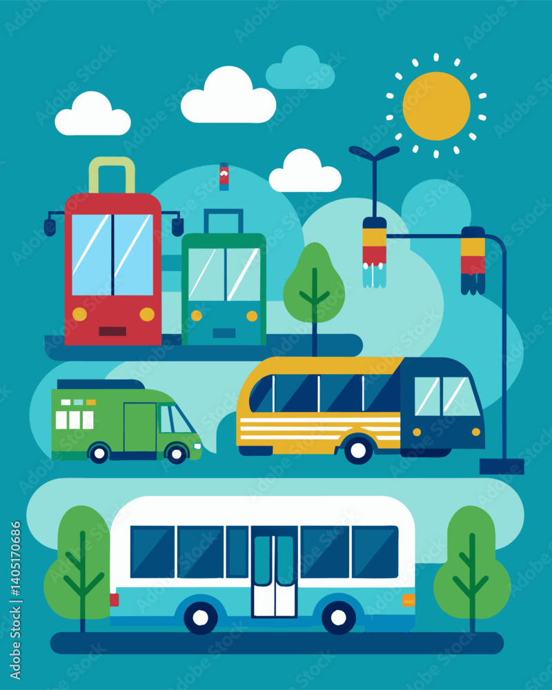 Poster a public transportation system running on electric buses promoting ecofriendly alternatives to indiv