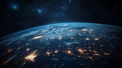 Obraz premium Earth at night, glowing city lights against dark space.