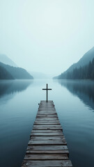 Obraz premium A serene lake scene with a Christian cross on a dock.