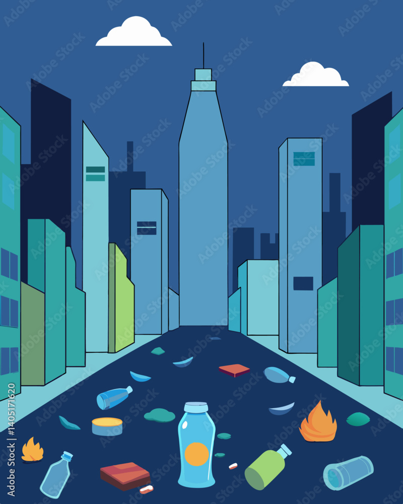 Poster a sketch of a cityscape with plastic bottles and wrappers tered on the streets and sidewalks.. vecto