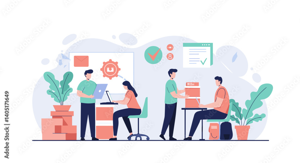 Poster warehouse workers collaborating on tasks in an office environment