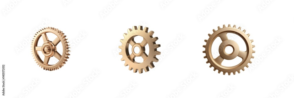 Aufkleber three vintage brass gears displayed in a row with varied sizes and complex gear structures