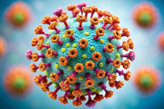 Microscopic Marvel: An eye-level, high-magnification shot of a menacing virus, its intricate surface bristling with spikes, looms against a soft, blurred backdrop.