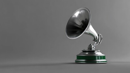 Silver gramophone, music, history, studio, grey background, vintage audio, nostalgic sound