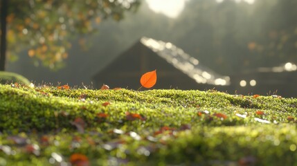 A small orange leaf sits on a bed of green moss.